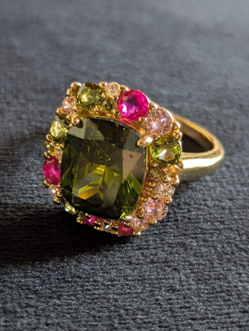 Vintage Style Gold-tone Ring with Green Center and Pink Accent Stones 1920s Sz 8 - Picture 7 of 12